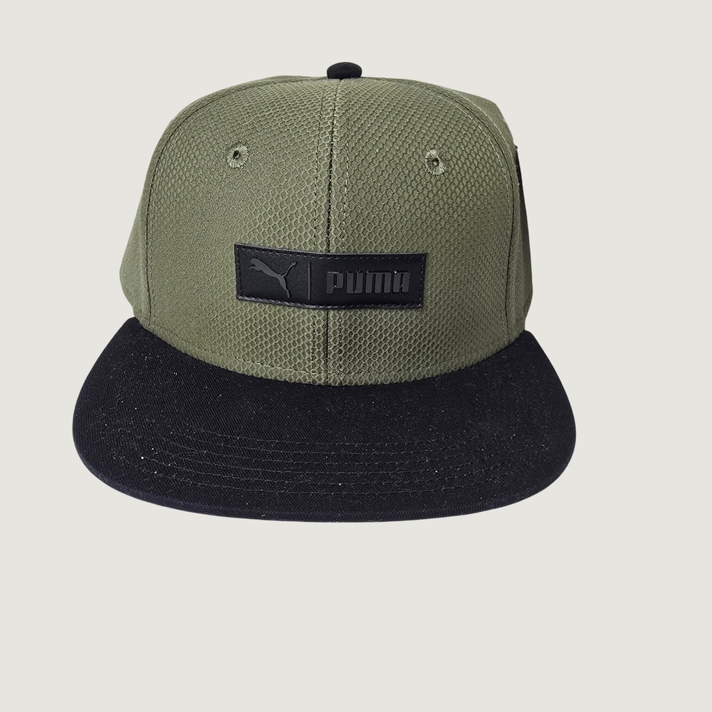 Puma Mens Snapback Hat Olive Green Black Mesh Flat Brim Adjustable OSFA NEW